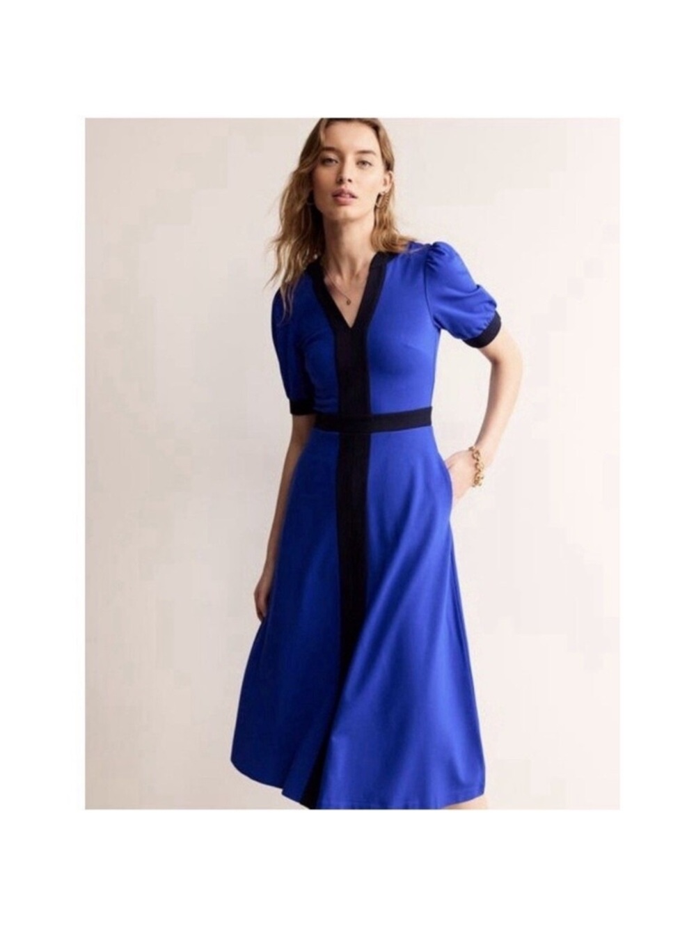 💙NWT Boden Philippa Ponte Blue Black Color-block Puff Sleeve Midi Dress 12P💙